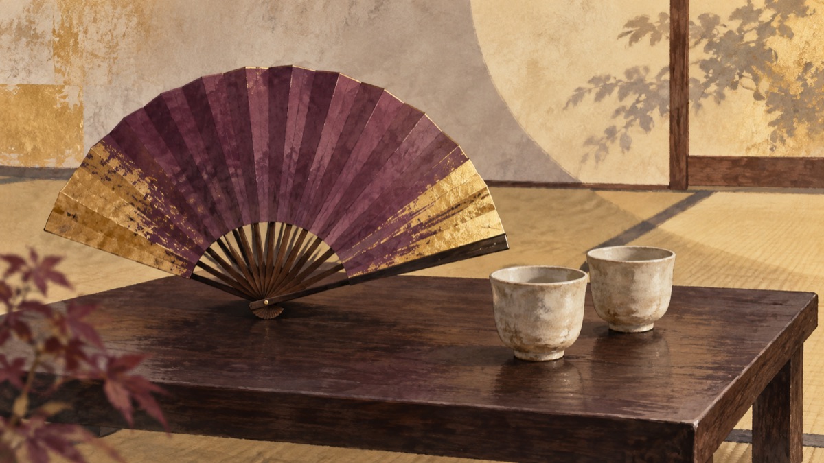 Illustrative folding dance fan and plain cups on a low table