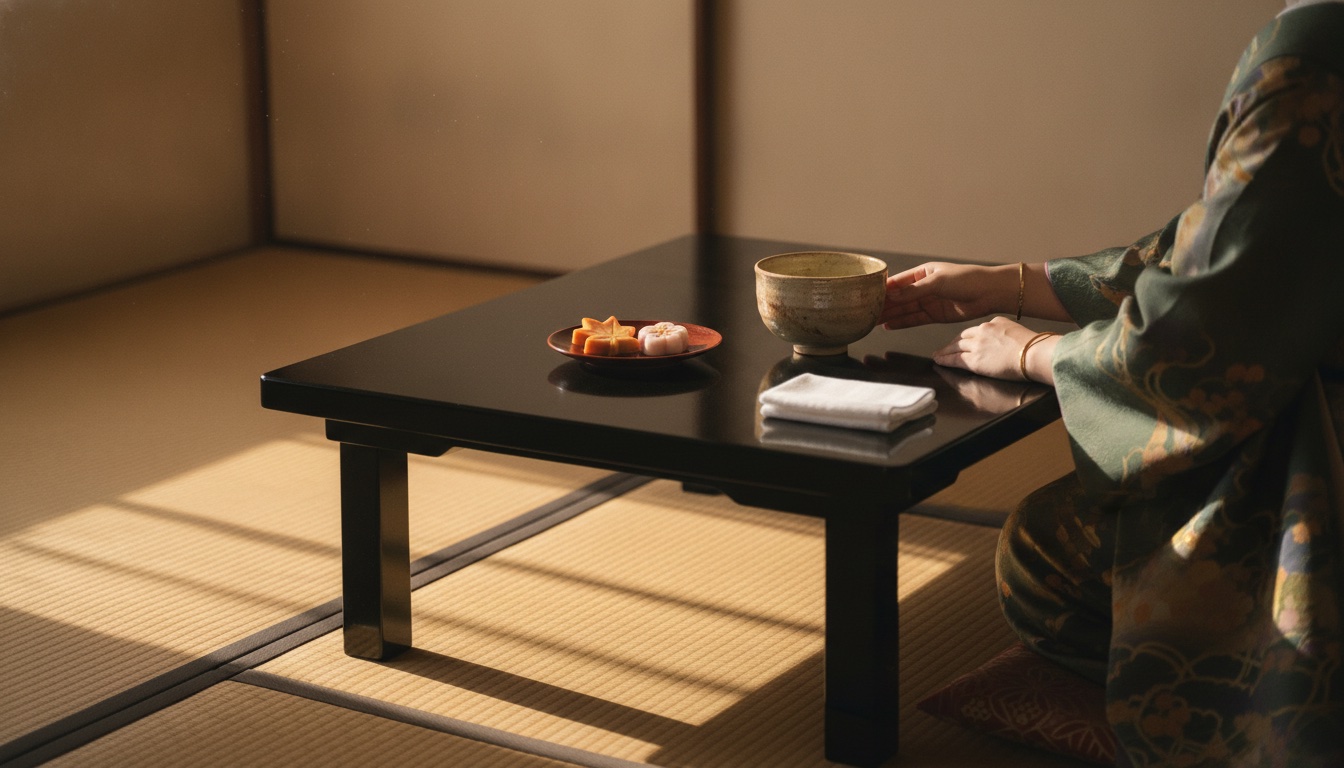Refined tea setting prepared for a maiko cultural experience in Kyoto