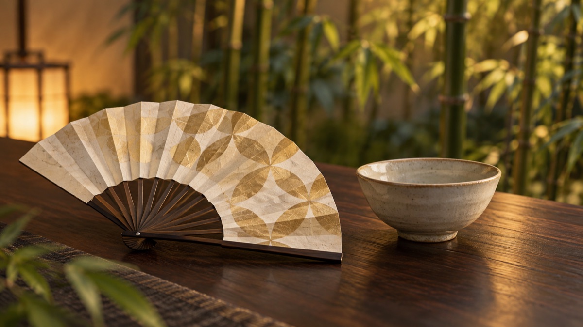 Illustrative folding fan and plain bowl with a bamboo backdrop