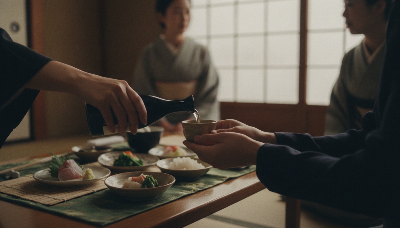 Intimate Kyoto dining room prepared for a private geisha evening with sake and refined cuisine