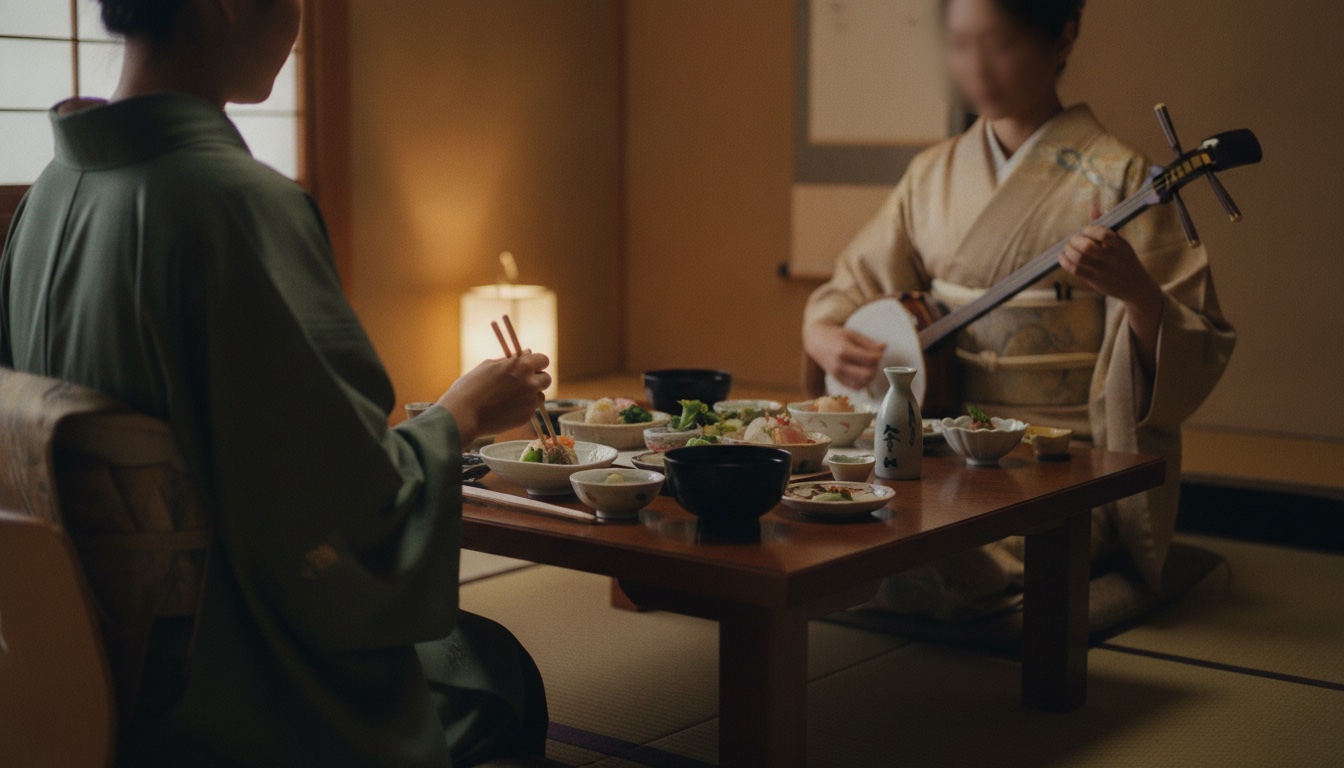 Refined Kyoto dinner setting prepared for an intimate geisha evening in Arashiyama