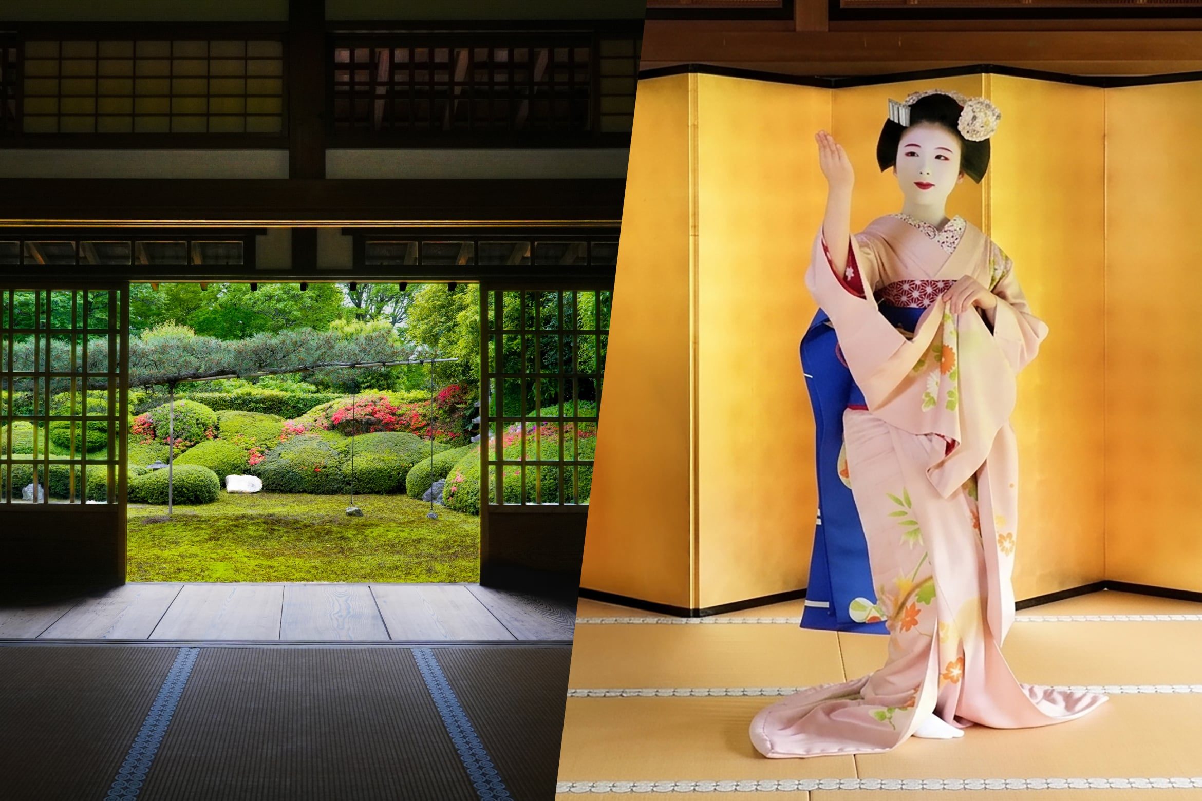 Quiet temple room with geisha performance atmosphere and a Zen garden beyond