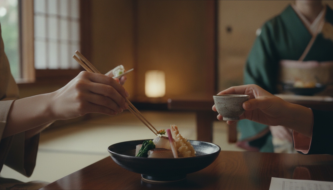 Refined kaiseki dining table inside a historic Kyoto ryotei setting