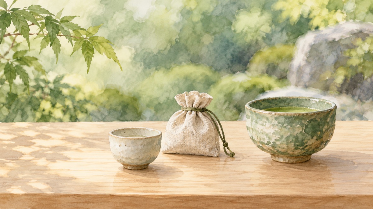 Illustrative incense cup, sachet and matcha bowl beside a soft green background