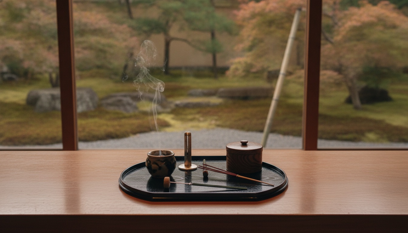 Incense tools, a counter by a garden view, and a quiet Kyoto cultural atmosphere
