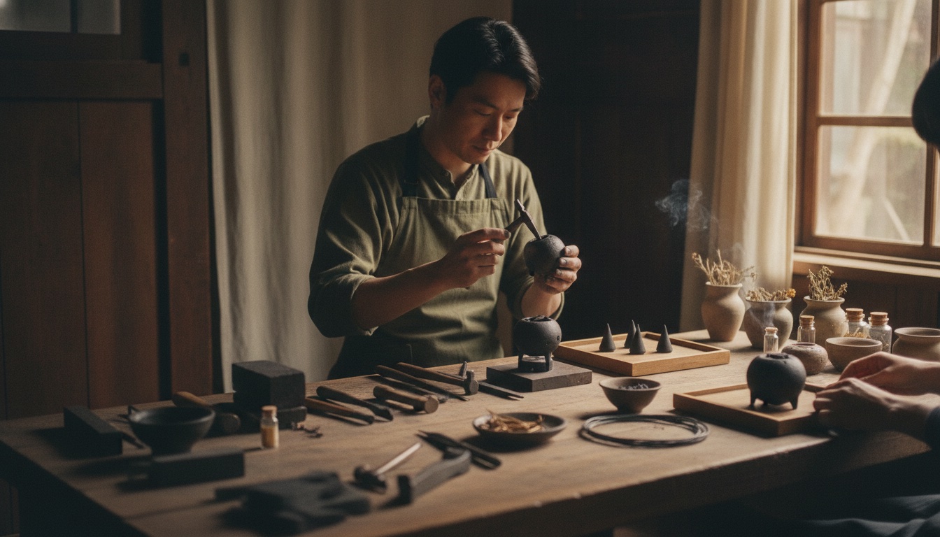 Handcrafted incense burner pieces on a Kyoto metalwork table