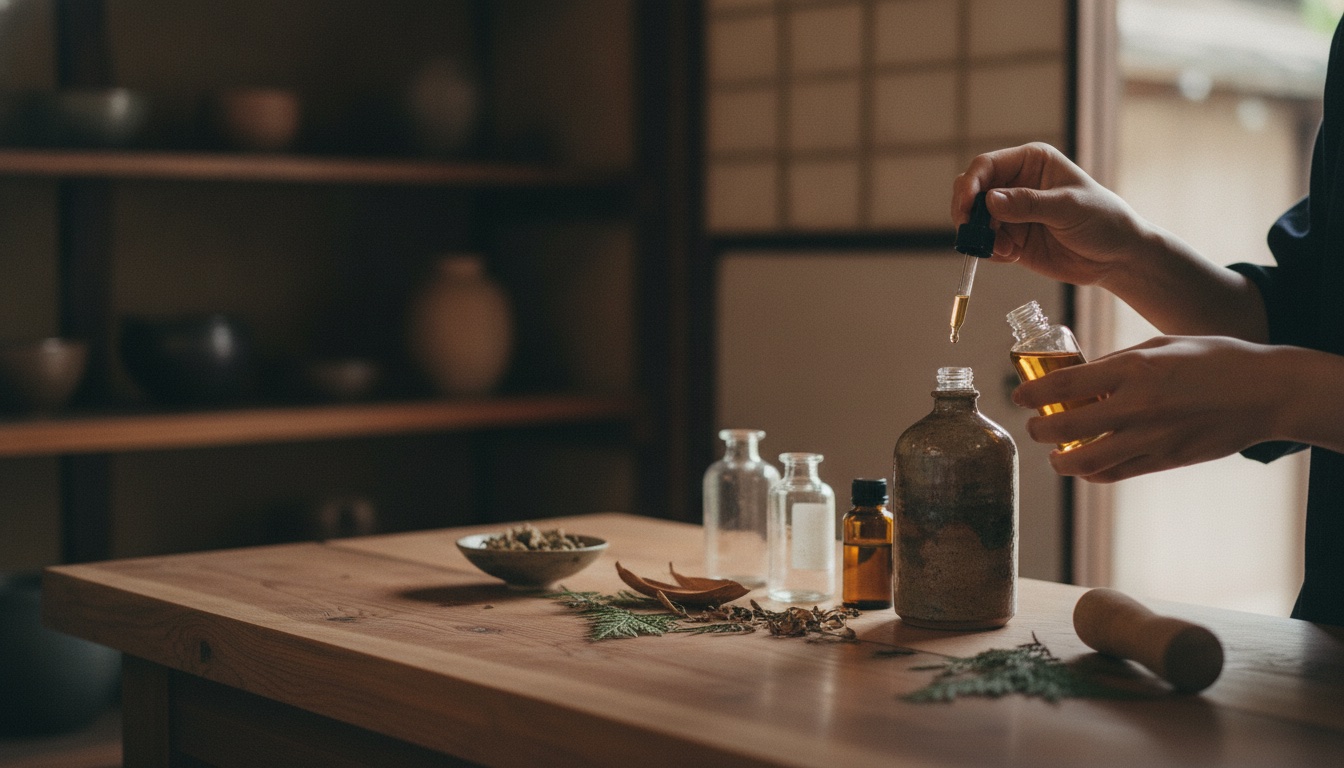 Small bottles, cedar-inspired scent materials, and a calm workshop atmosphere in Kyoto