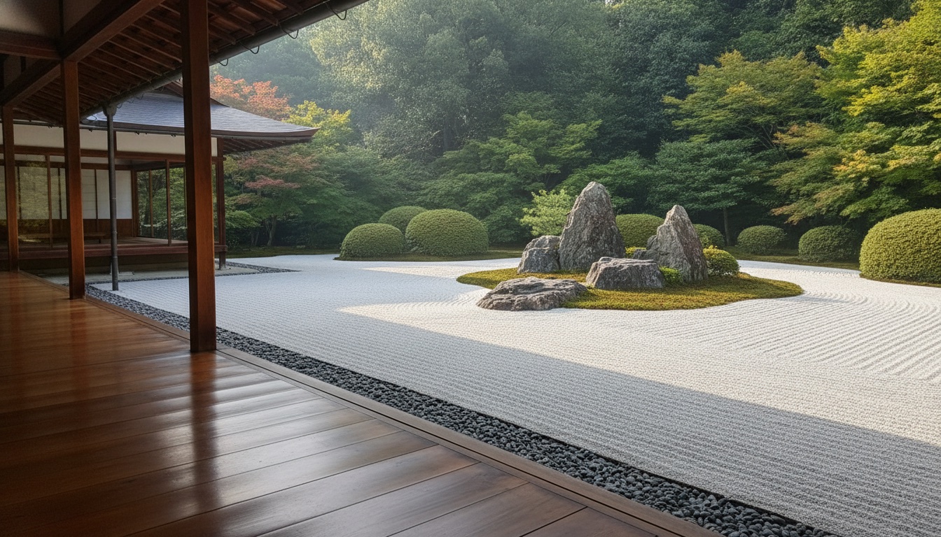Carefully raked sand patterns in a quiet Kyoto garden beside a traditional house