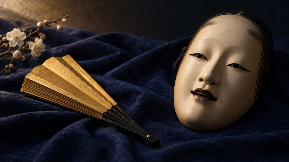 Illustrative Noh mask and plain gold dance fan