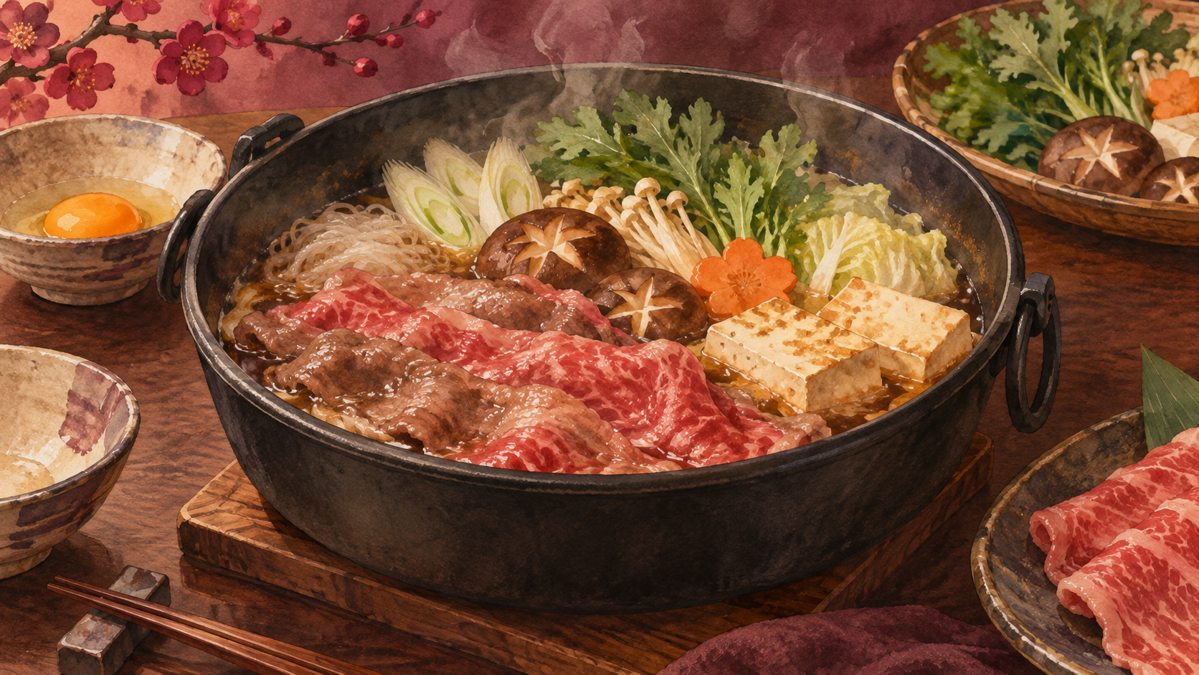 Illustration of a sukiyaki pot with beef, tofu and vegetables