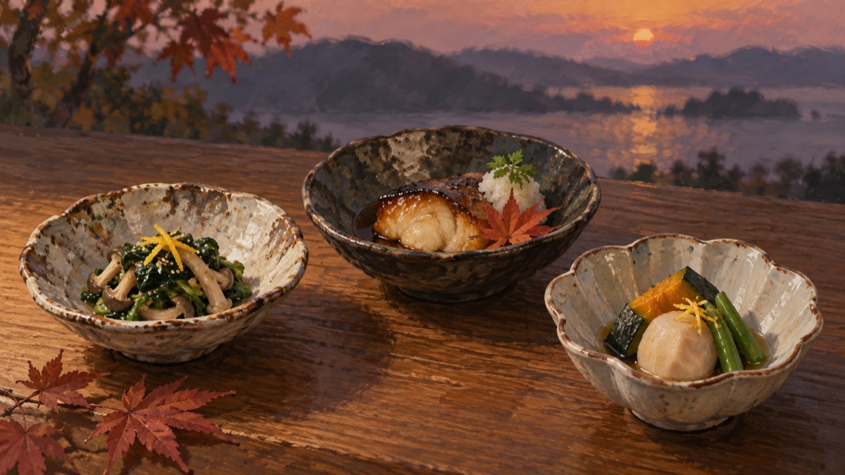 Illustrative small dishes of Japanese food on a wooden table