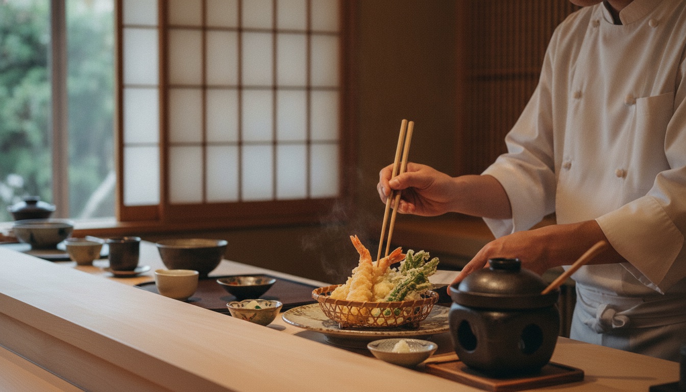 Seasonal tempura and dashi-focused kaiseki service at a refined Kyoto counter