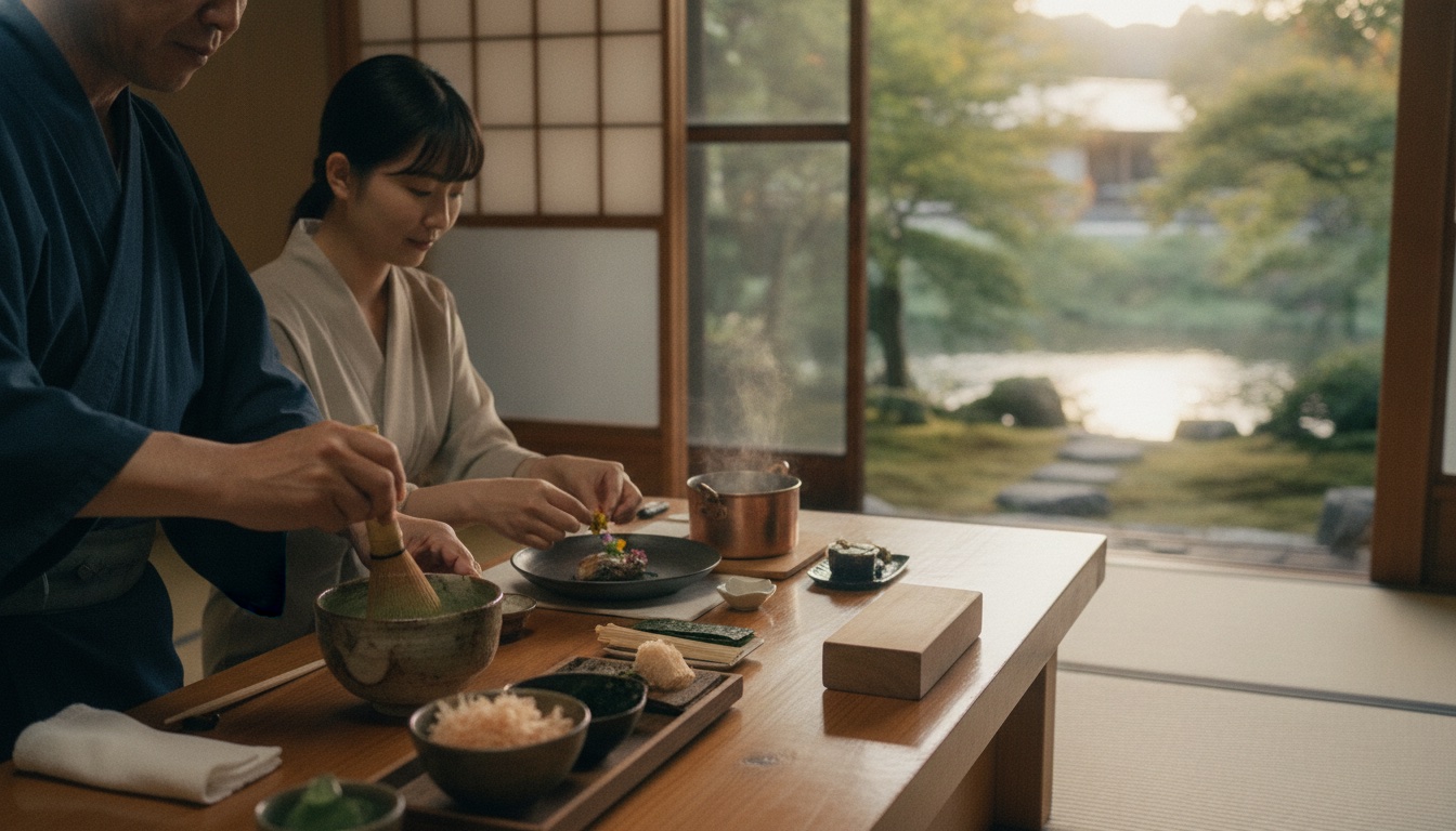 A refined kaiseki meal with matcha accents served in a private room overlooking the Uji River