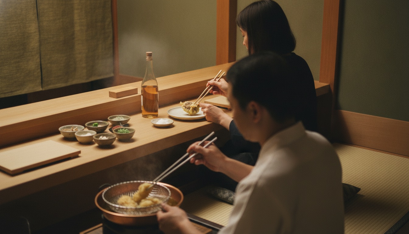 A refined tempura kaiseki table setting in a quiet Kyoto dining room