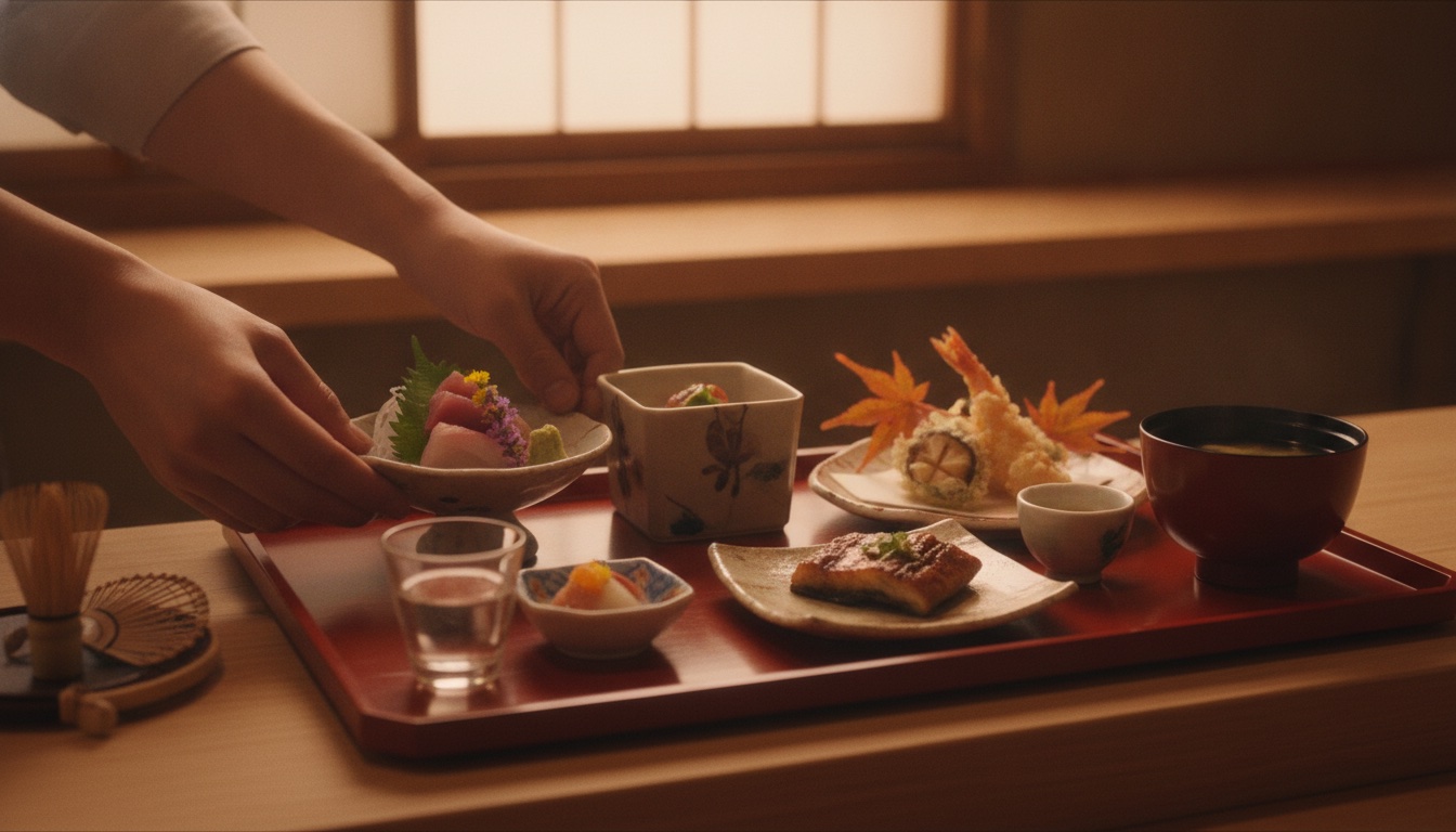 Refined kaiseki table setting inside a historic Kyoto dining room
