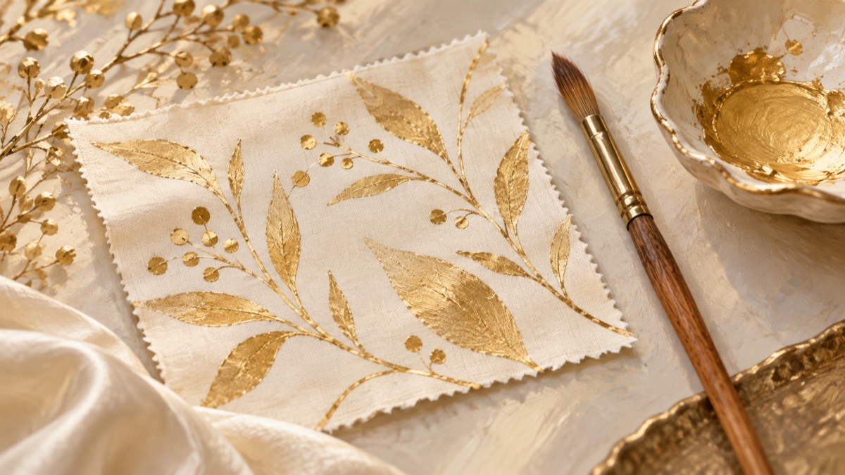Illustrative silk swatch with gold botanical decoration and brush