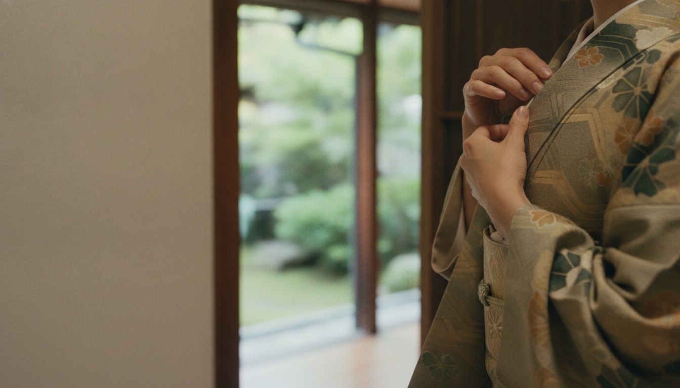 Pure silk kimono dressing details inside a calm Kyoto townhouse setting
