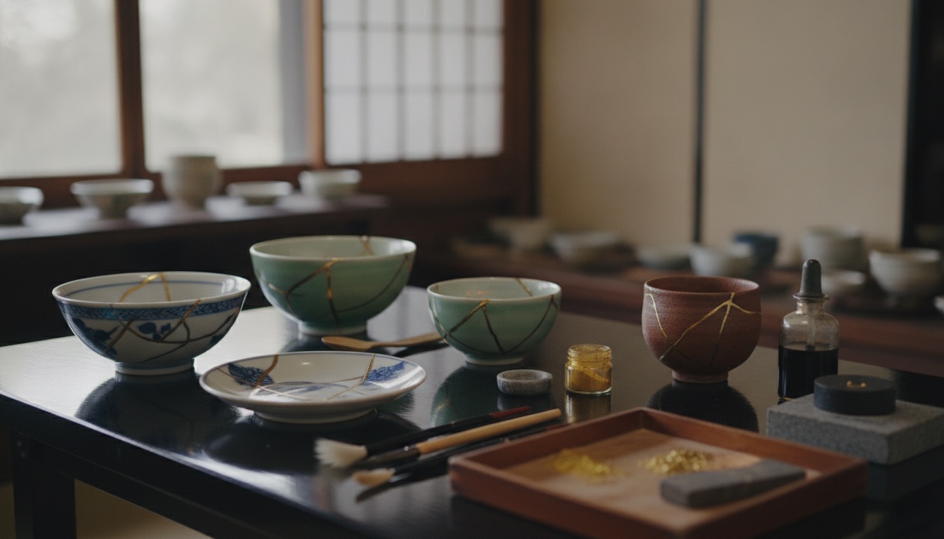 Carefully repaired ceramic pieces and lacquer tools arranged for a kintsugi lesson