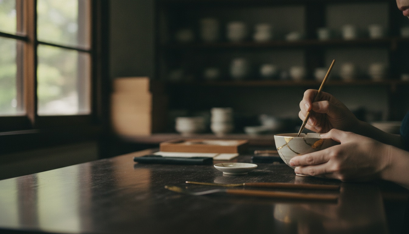 Ceramic repair tools and gold-toned seams arranged on a calm workshop table in Kyoto