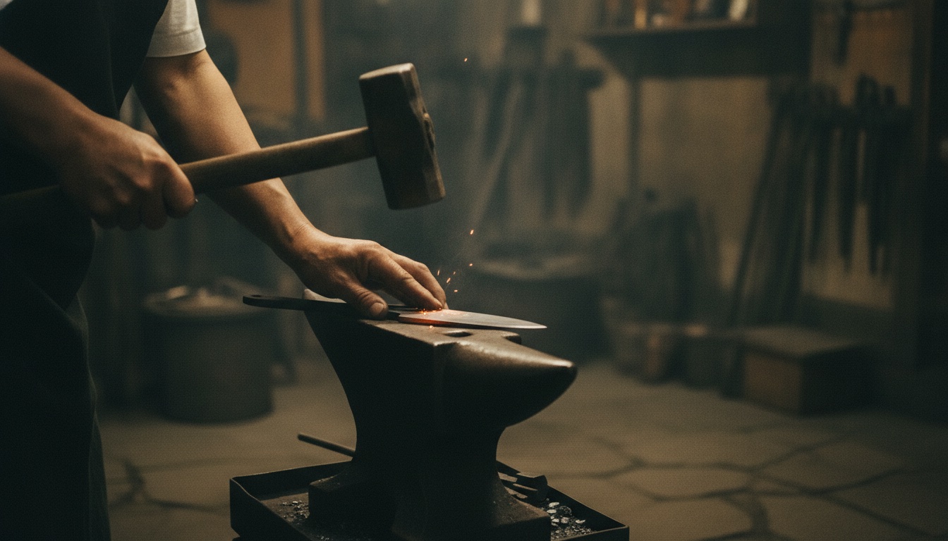 A traditional smithy workspace in Kyoto with heated steel and hand tools prepared for knife making
