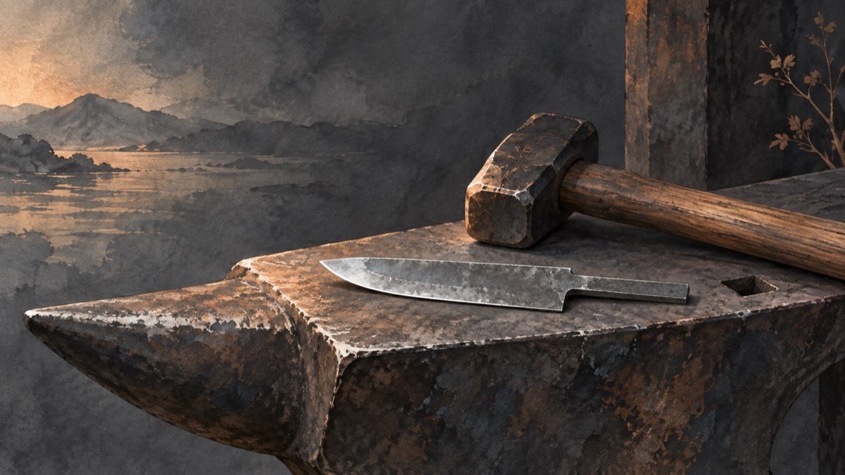 Illustrative small unengraved utility blade blank and hammer on an anvil