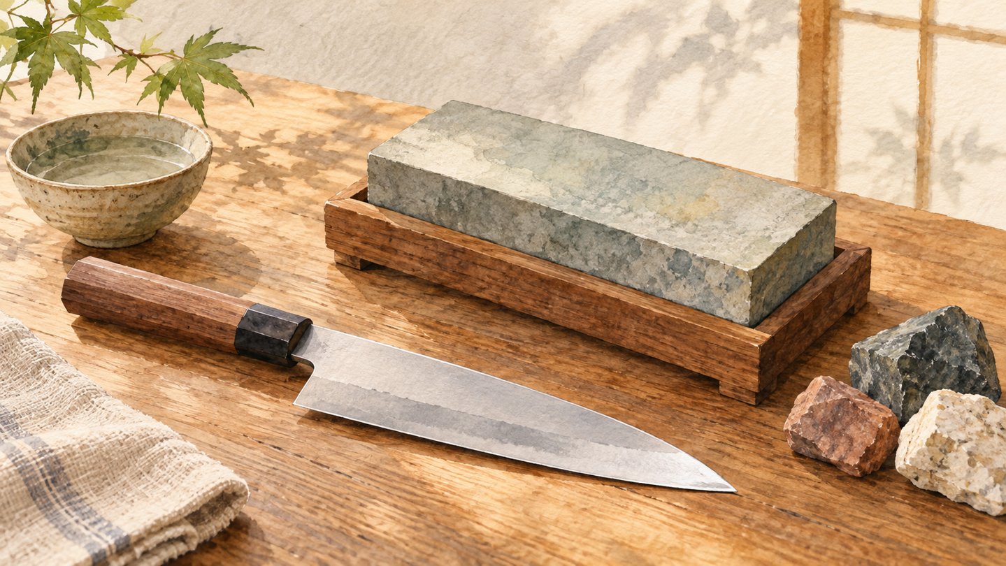 Illustration of an unengraved kitchen knife and natural whetstone