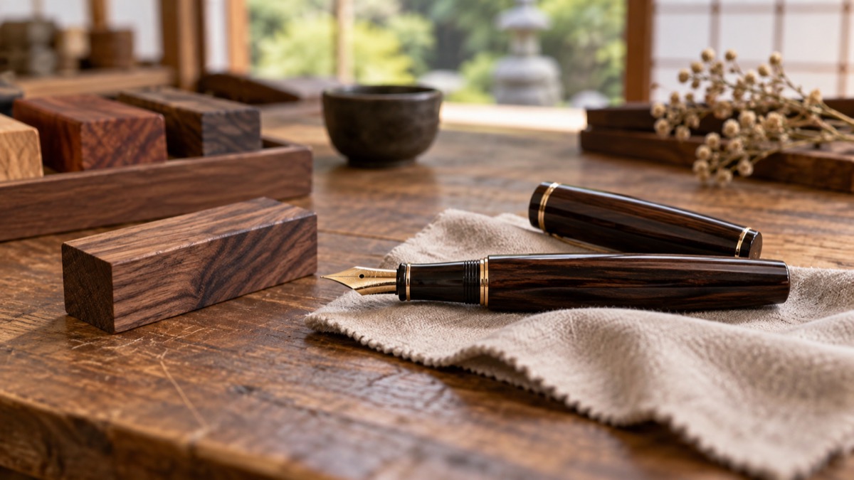 Illustrative unbranded wooden pen and polishing cloth