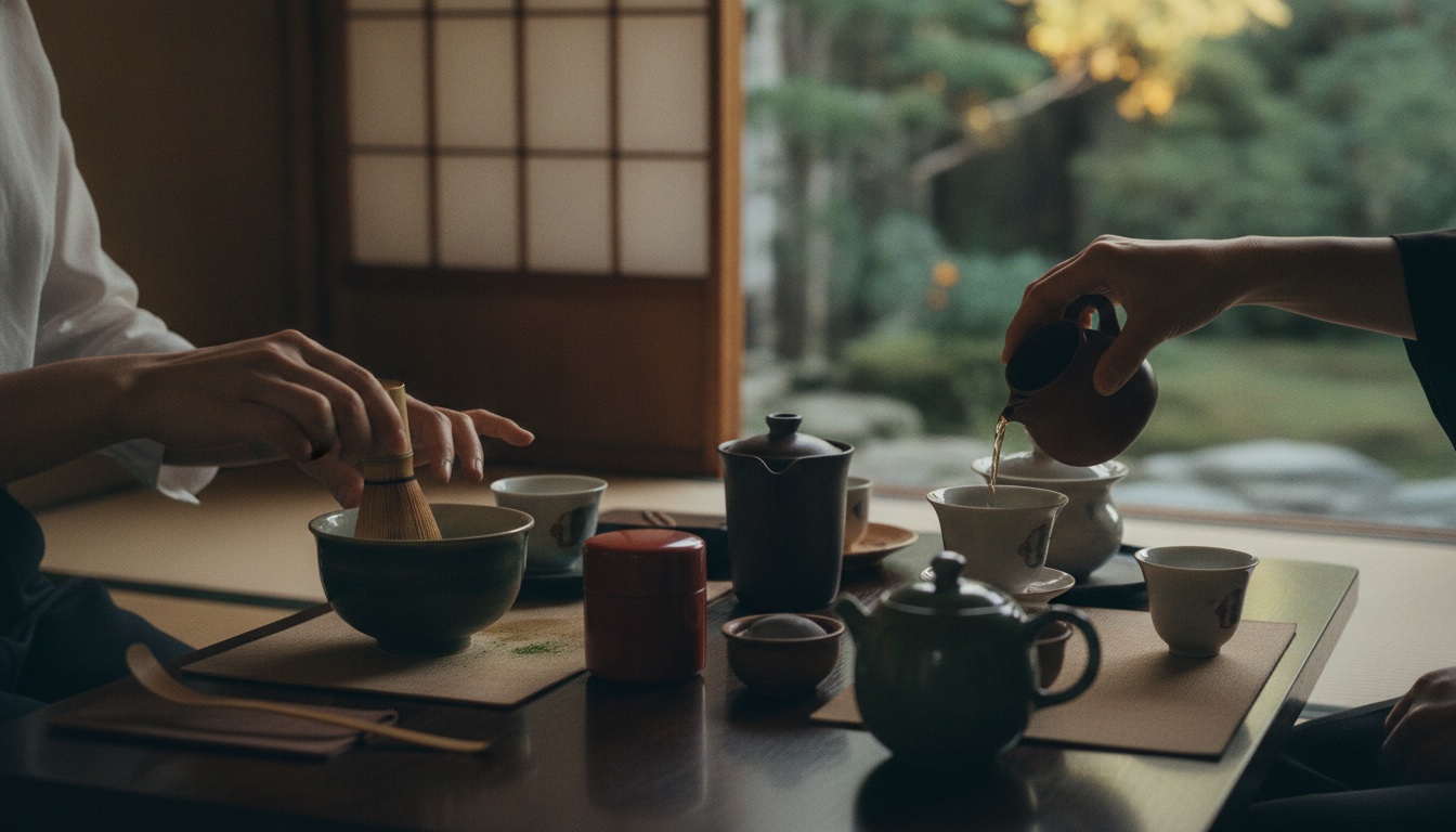Multiple tea vessels arranged for a calm comparative tea session in Kyoto