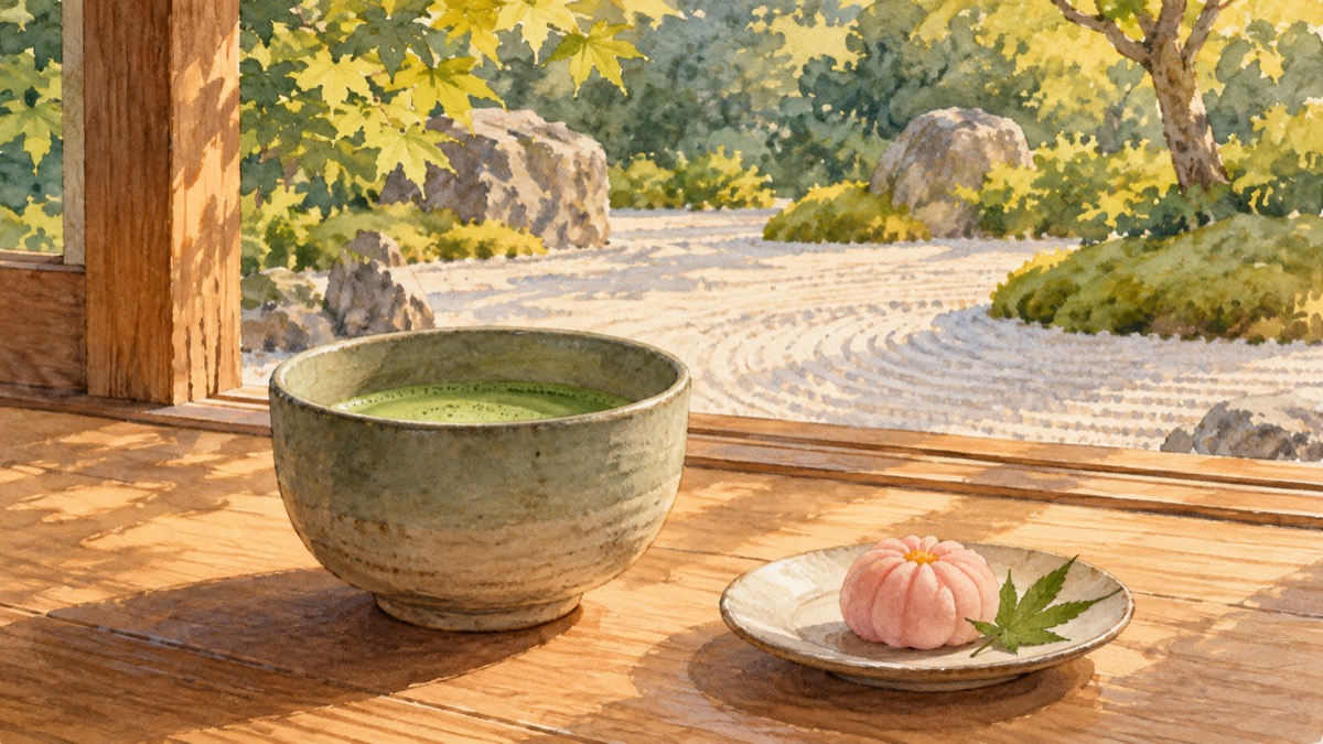 Illustration of matcha and a sweet beside an imagined garden view