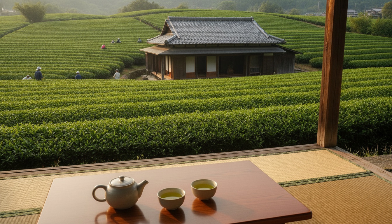 Green tea fields and tasting cups arranged in a traditional Kyoto tea setting