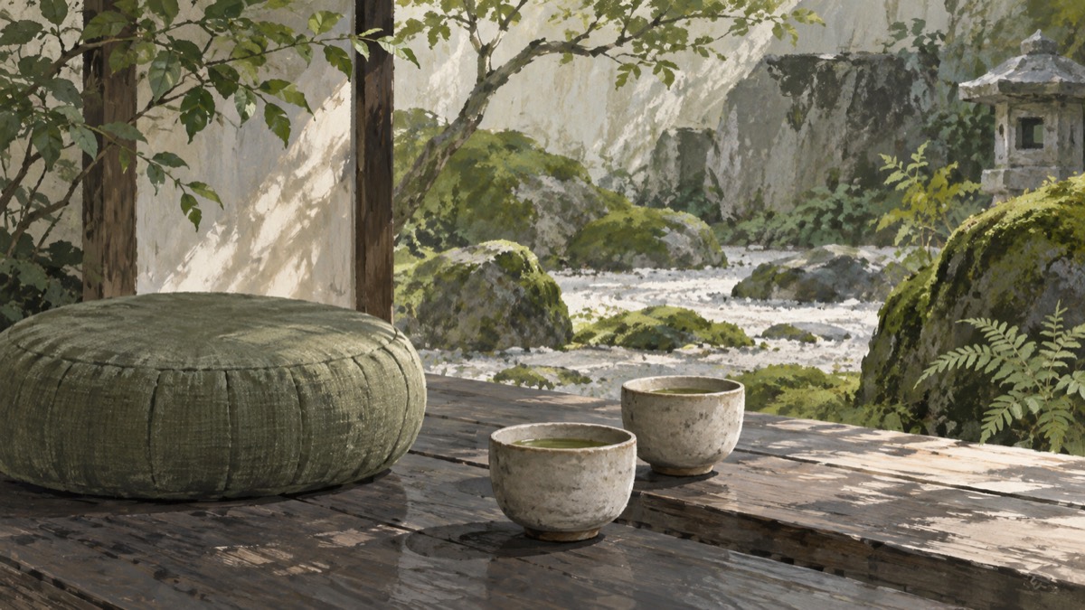 Illustration of tea cups and a meditation cushion near an imagined garden