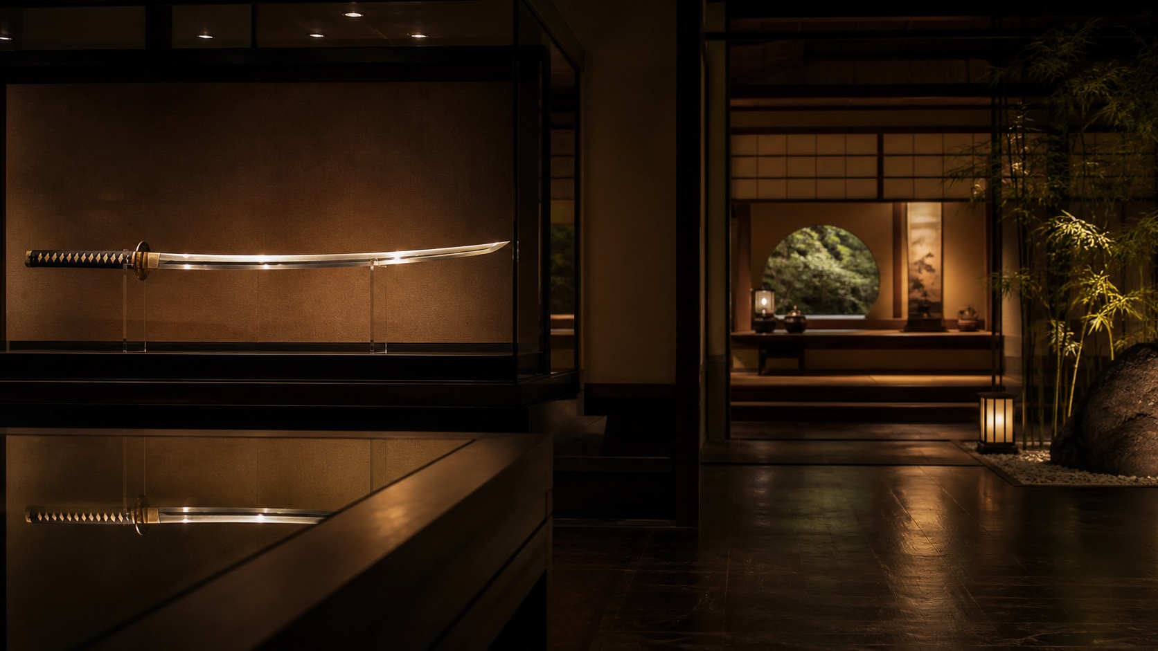 A calm museum gallery atmosphere with Japanese swords and a traditional teahouse setting
