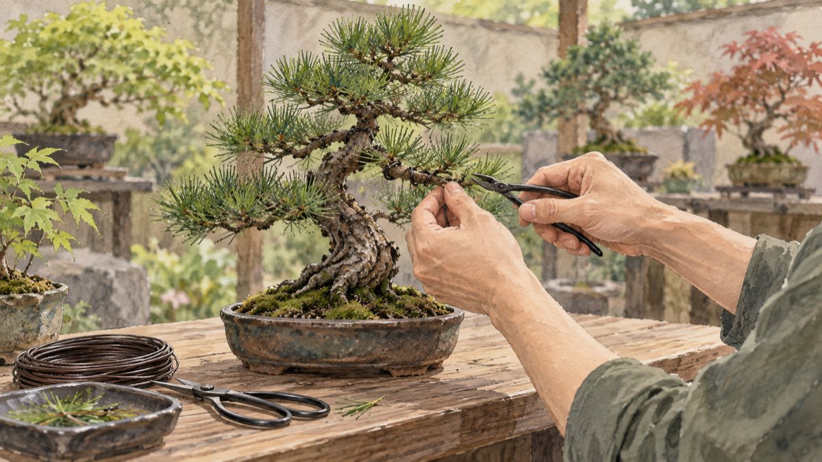 Editorial illustration of bonsai workshop