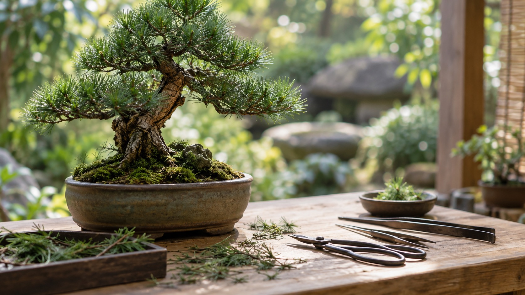 Illustrative bonsai and unbranded pruning tools in a quiet workshop