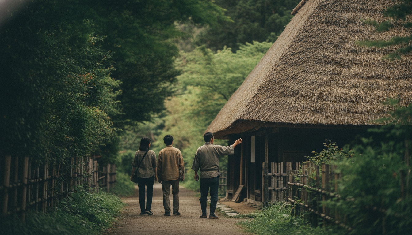 Traditional thatched architecture details and a quiet guided walking atmosphere in Kobe