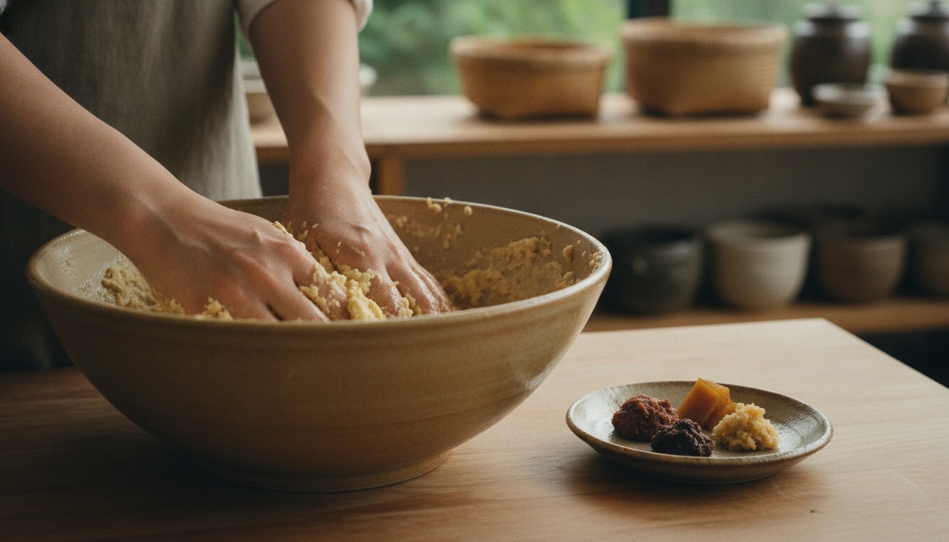 Hands mixing white miso ingredients in a calm brewery workshop setting