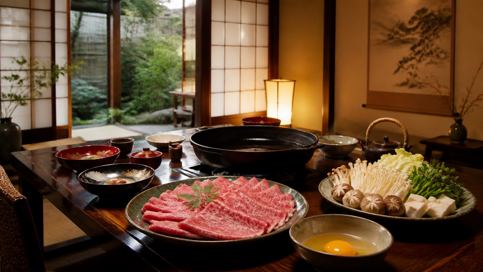 Premium sukiyaki ingredients arranged for a private Omi beef meal in a traditional dining room