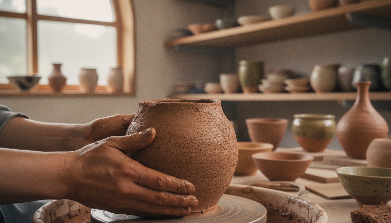 Pottery hands shaping rustic clay pieces in a workshop inspired by Shigaraki ceramics