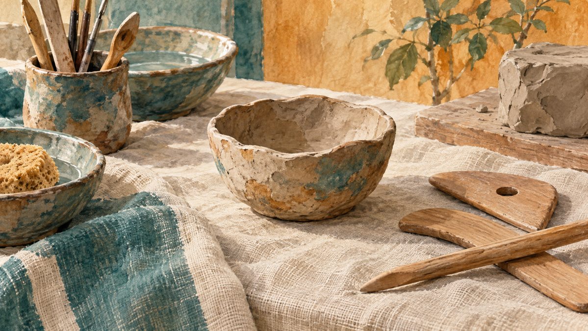 Illustration of handbuilt clay tableware and wooden shaping tools