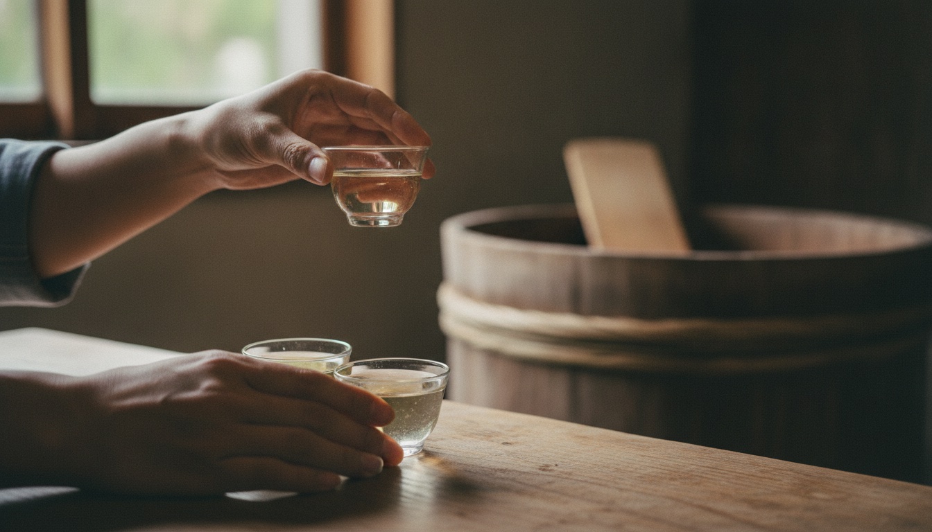 A sake tasting setup with small cups in a quiet brewery setting