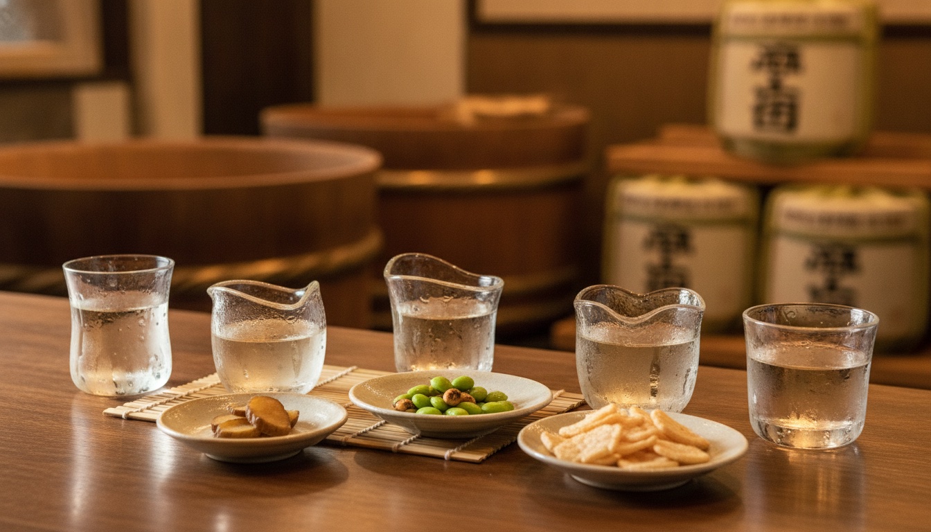 Sake tasting glasses and brewery textures in a calm lakeside craft setting