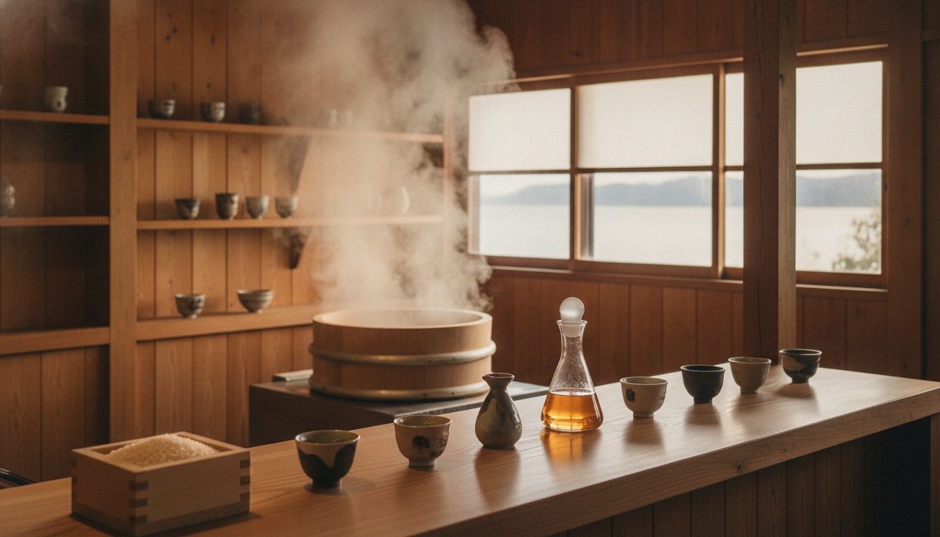 Sake cups, cedar brewery textures, and a calm lakeside brewing atmosphere near Lake Biwa