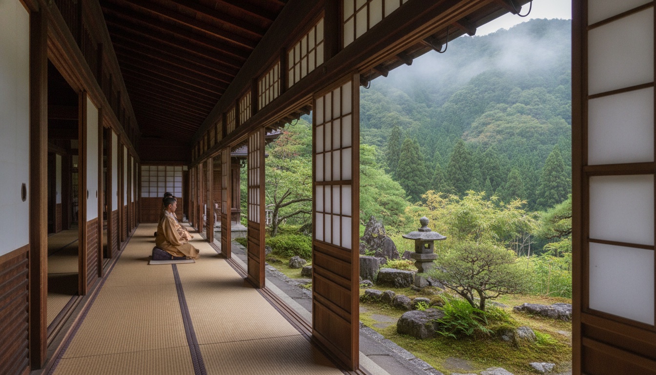 Quiet temple corridor and meditation setting on a wooded mountain in Kansai