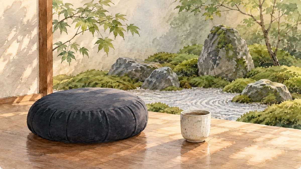 Illustration of a meditation cushion and coffee beside an imagined moss garden