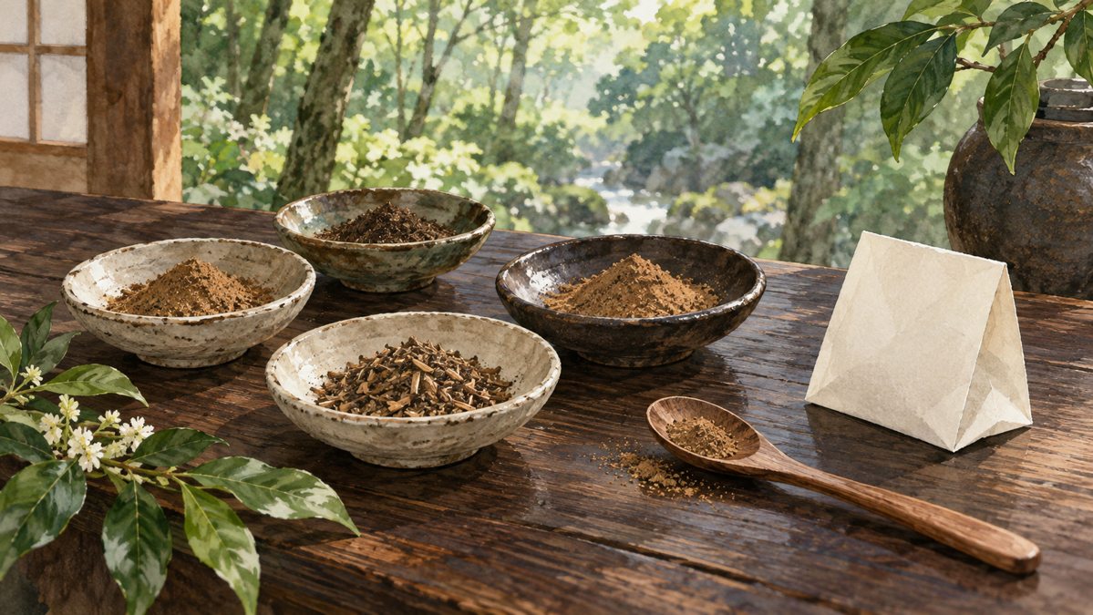 Illustration of powdered aromatics, a wooden spoon and a blank paper sachet