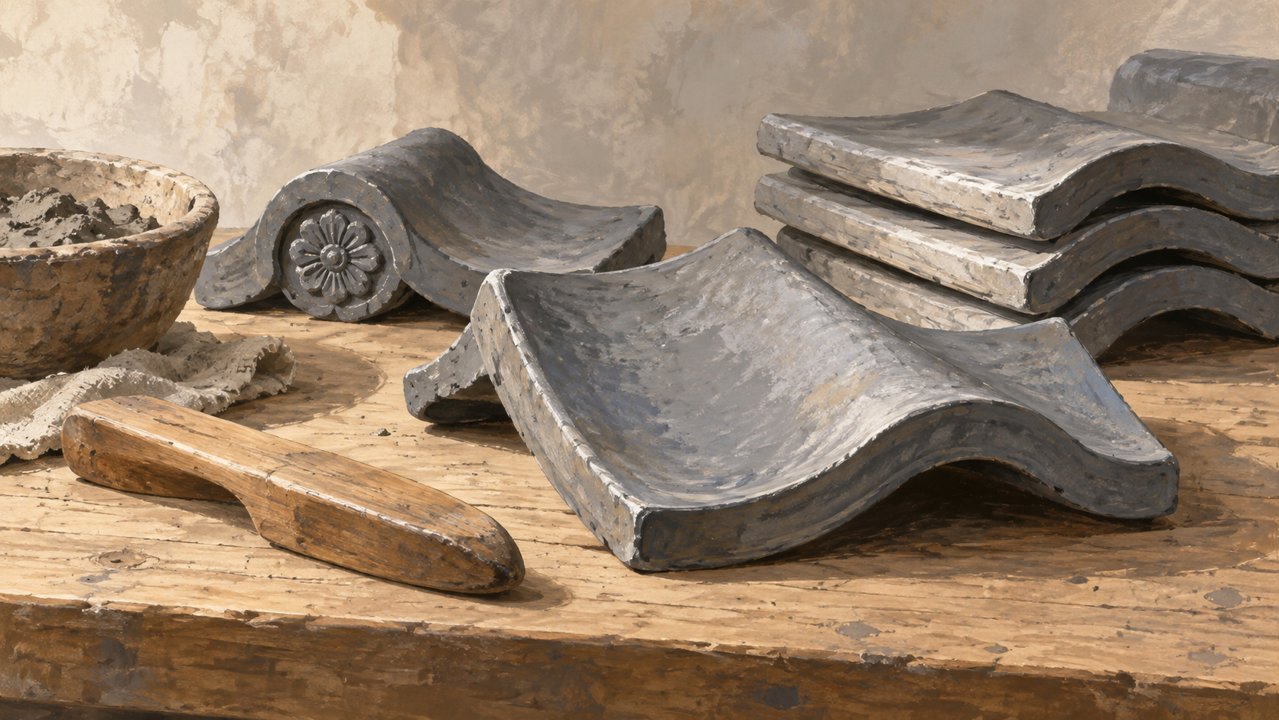 Illustrative curved gray roof tiles and a wooden shaping tool