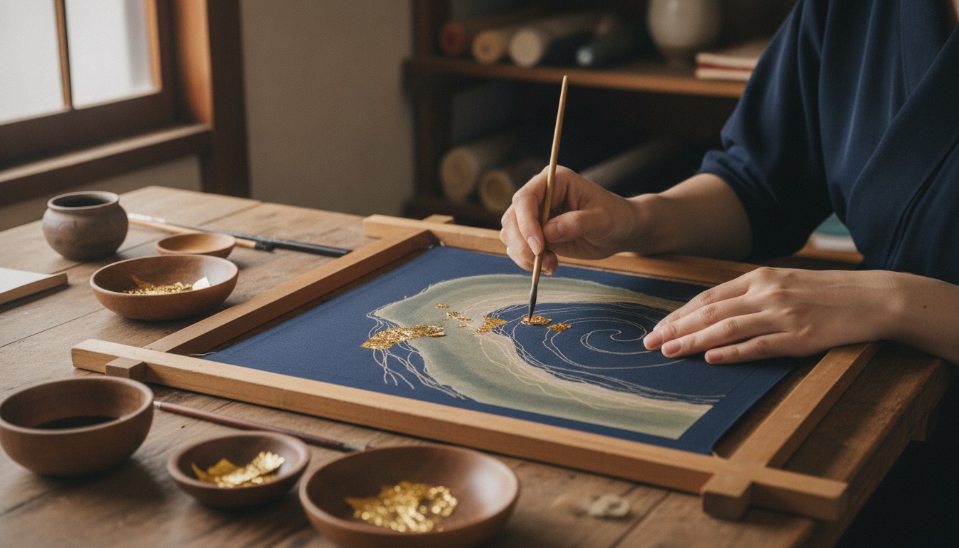 Gold leaf tools, fabric, and a refined Kyoto craft setting prepared for a kinsai workshop
