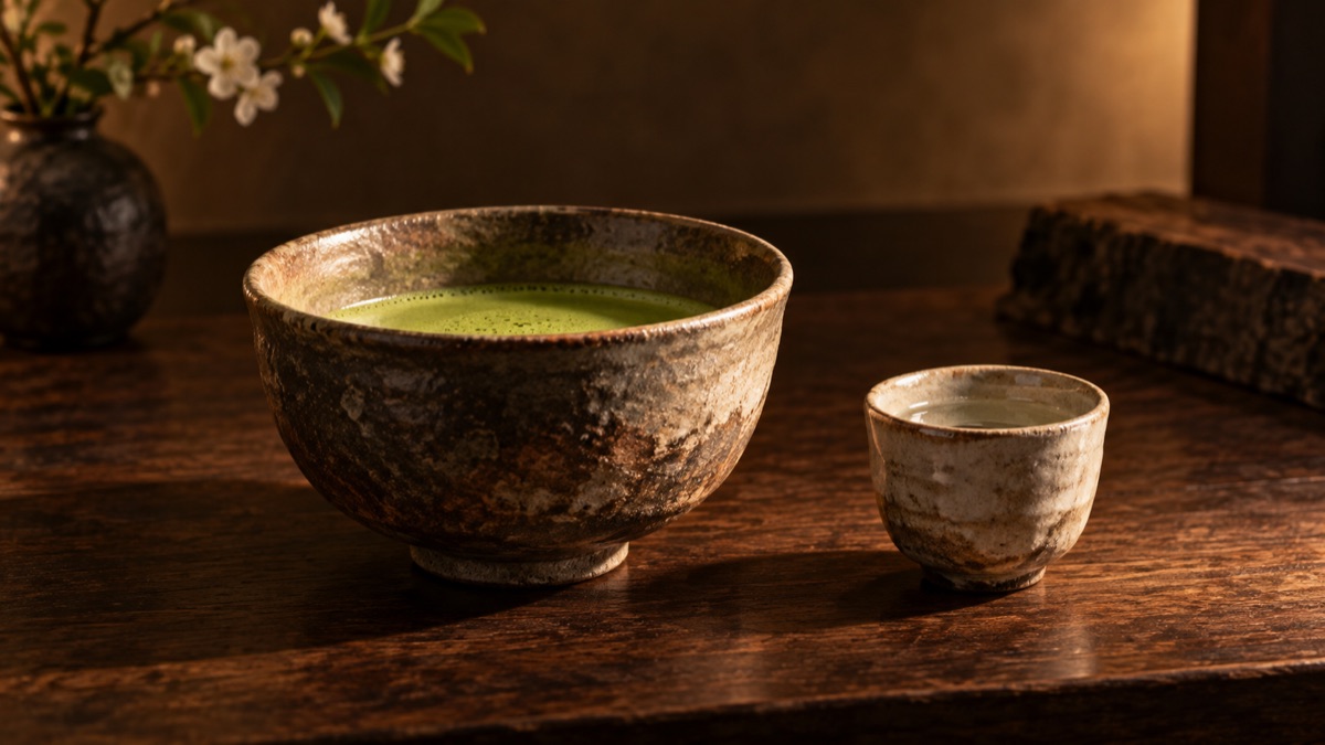 Illustrative ceramic tea bowl and small sake cup