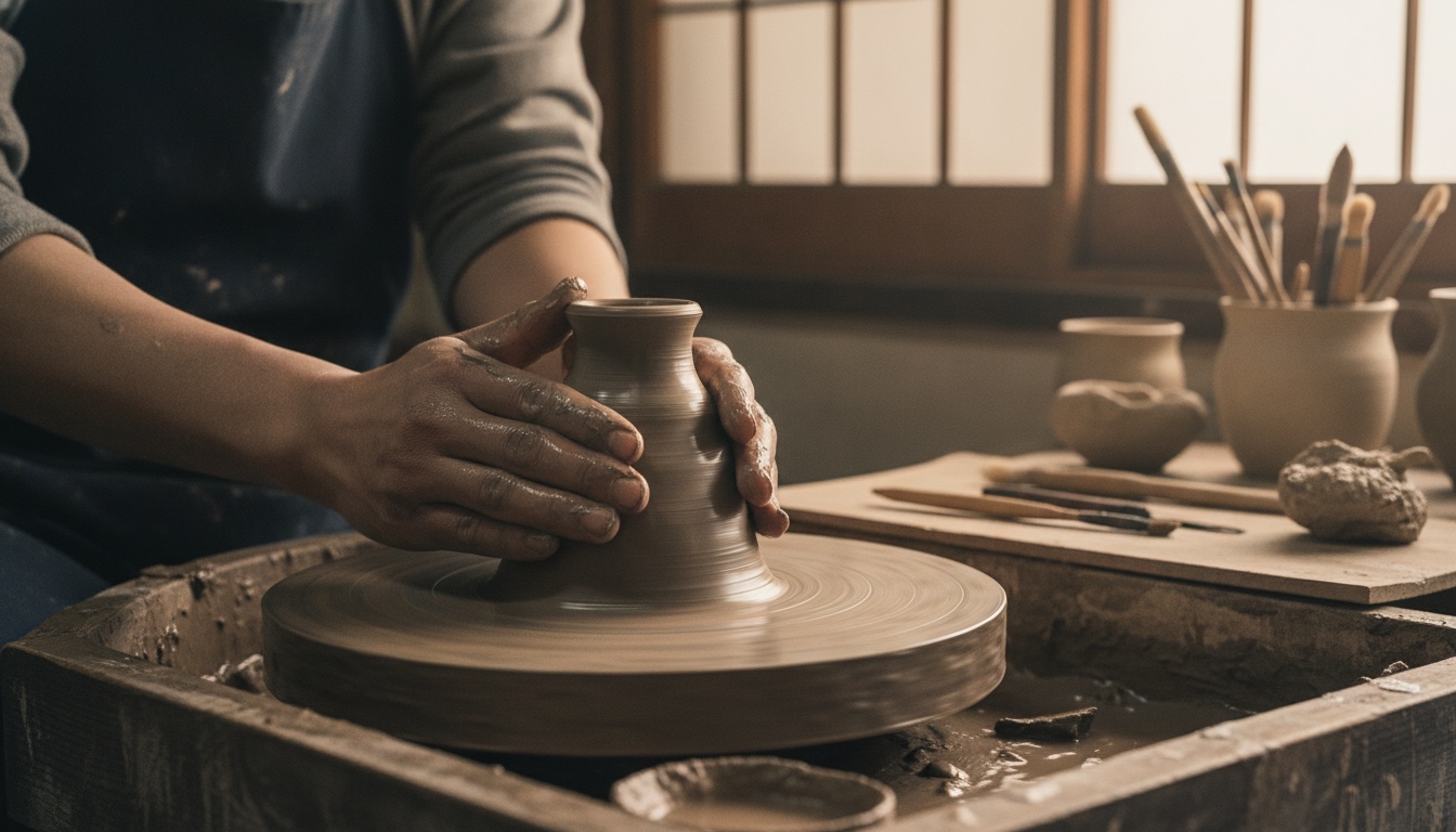 Clay vessels and a pottery wheel prepared in a traditional Kyoto ceramics studio