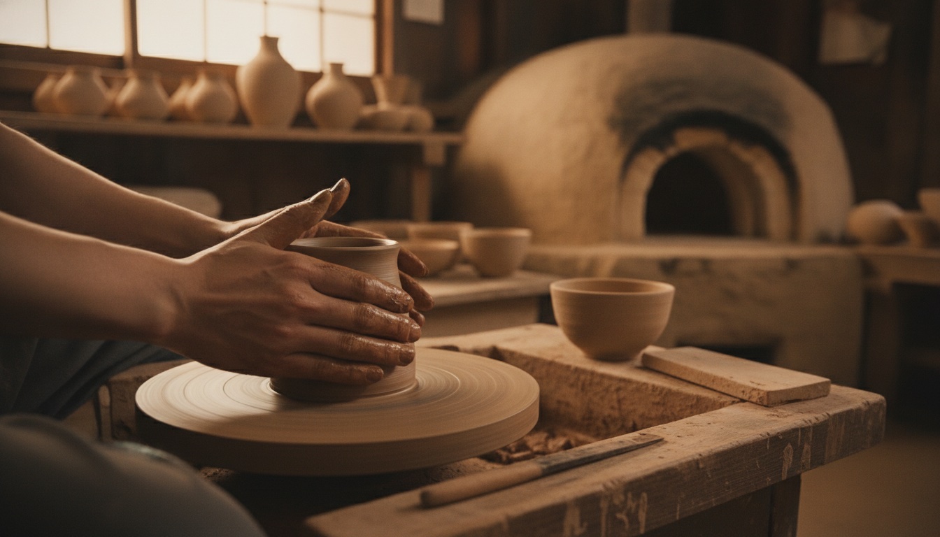 Clay vessels and pottery tools prepared inside a Kyoto ceramic studio